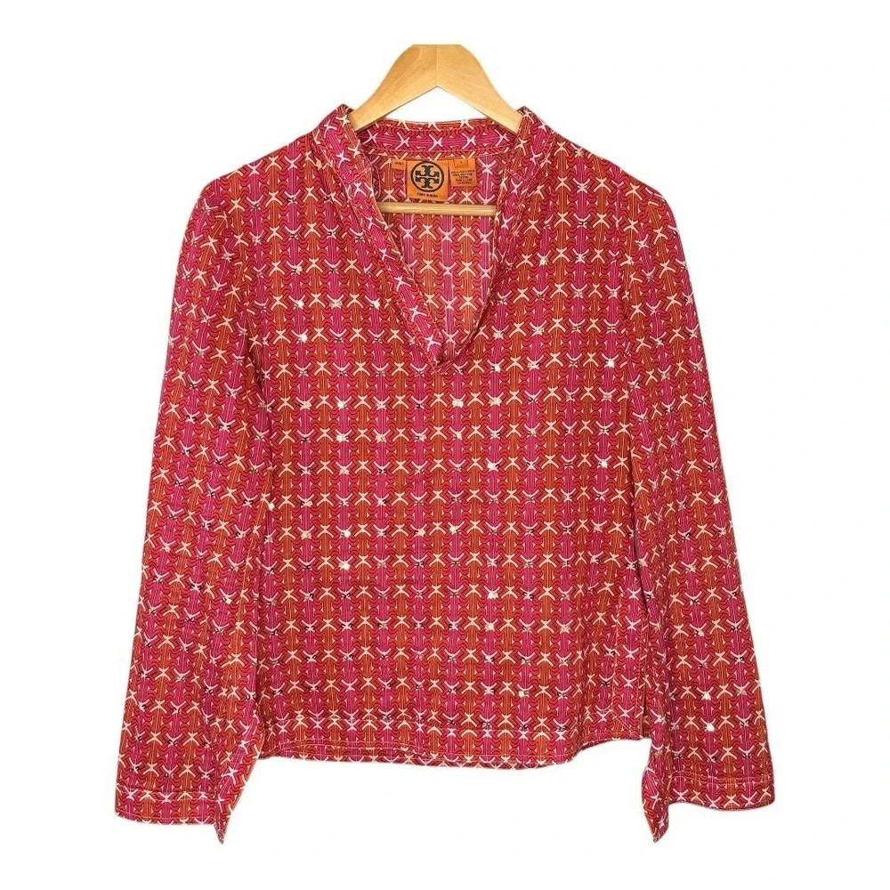 Tory Burch Stephanie Tunic Blouse Womens 2 Pink Orange Sequin Geometric‎ Cotton